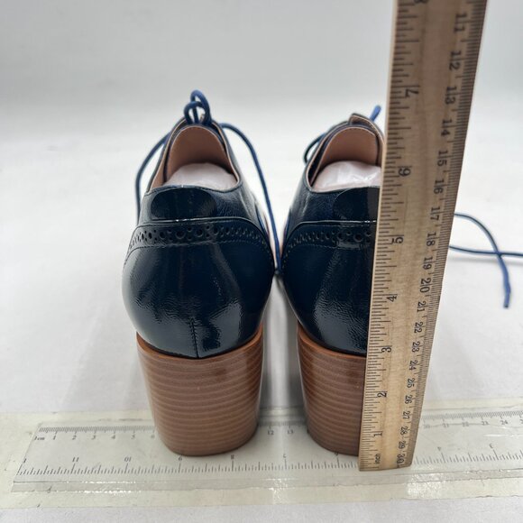FOWT Blue Brown Perforated Lace-Up Oxfords Almond Toe Mid Chunky Heel Shoes - Picture 5 of 8
